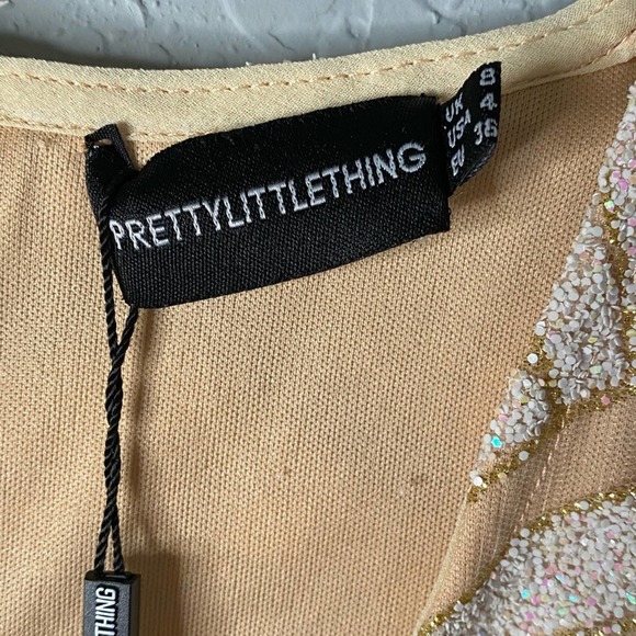 Prettylittlething women's Gold Glitter Plunge Mesh Insert Midi Dress size 4 - Picture 4 of 6